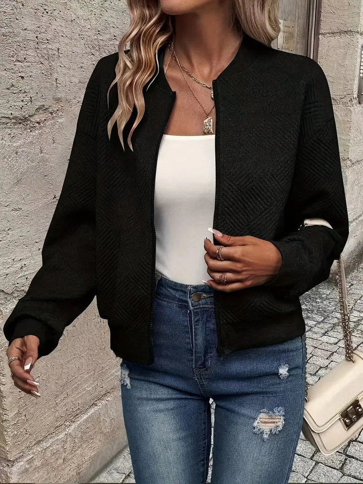 Women's Quilted Jacket Zip-Up Textured Bomber Cropped Sweatshirt