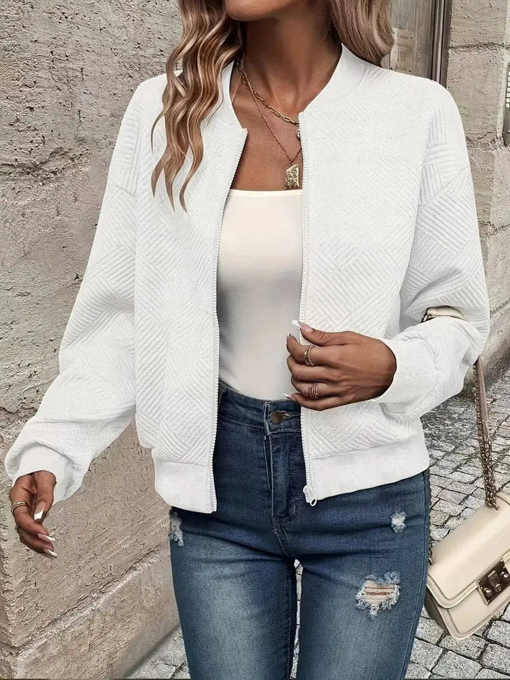 Women's Quilted Jacket Zip-Up Textured Bomber Cropped Sweatshirt