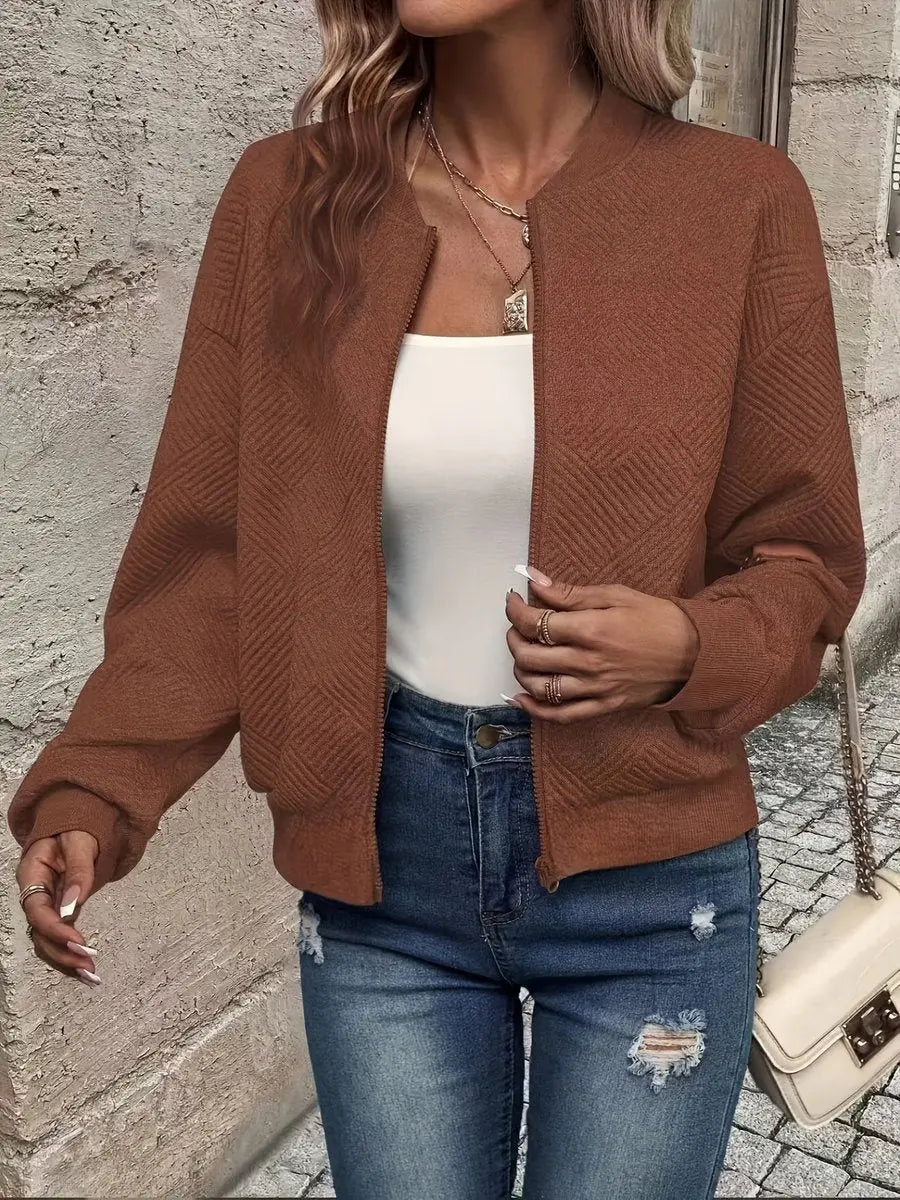 Women's Quilted Jacket Zip-Up Textured Bomber Cropped Sweatshirt