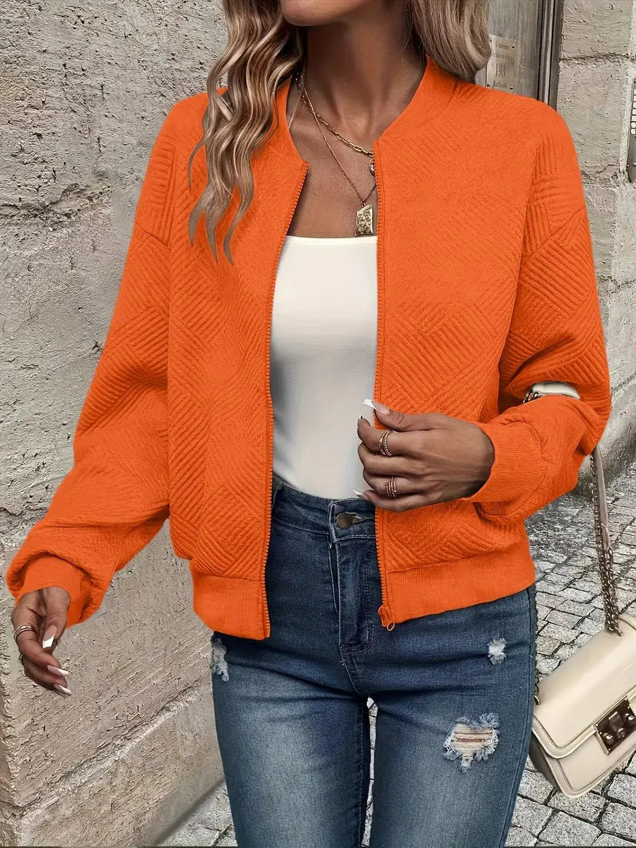 Women's Quilted Jacket Zip-Up Textured Bomber Cropped Sweatshirt
