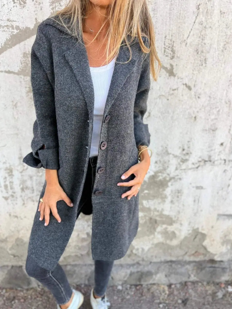 Women's Relaxed-Fit Longline Button-Up Coat Lapel Collar