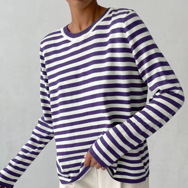 Women's Relaxed-Fit Striped Long Sleeve Round Neck Sweater
