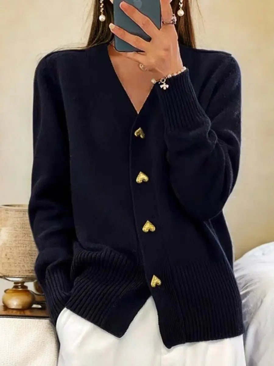 Women's Relaxed-Fit V-Neck Heart-Button Knit Cardigan