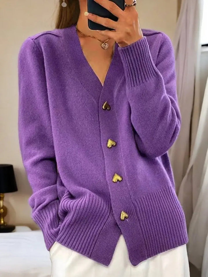 Women's Relaxed-Fit V-Neck Heart-Button Knit Cardigan