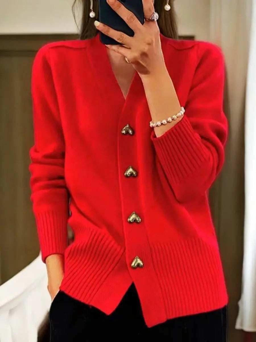 Women's Relaxed-Fit V-Neck Heart-Button Knit Cardigan