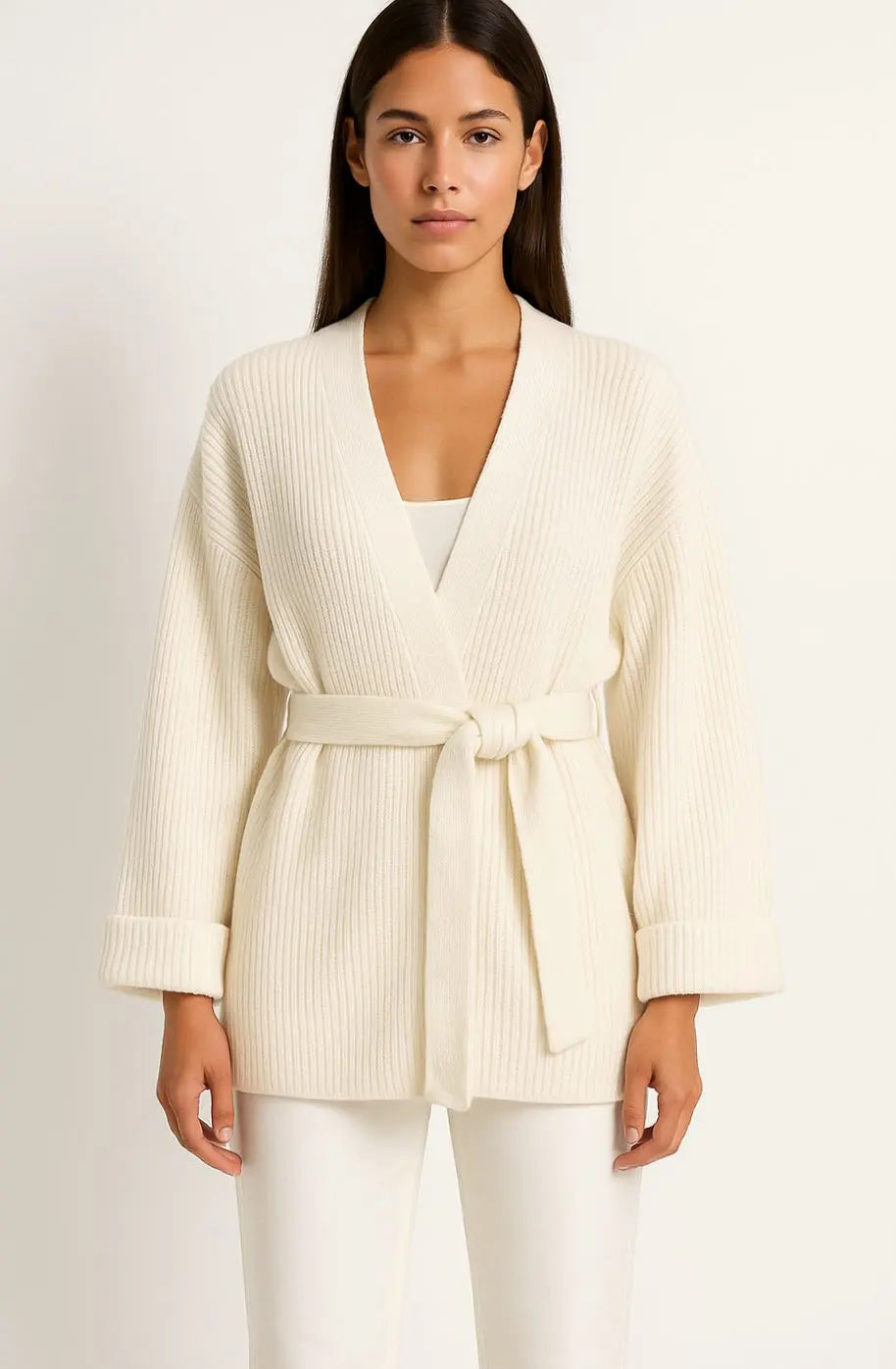 Women's Ribbed Knit Cardigan Belted Wrap V-Neck Jumper