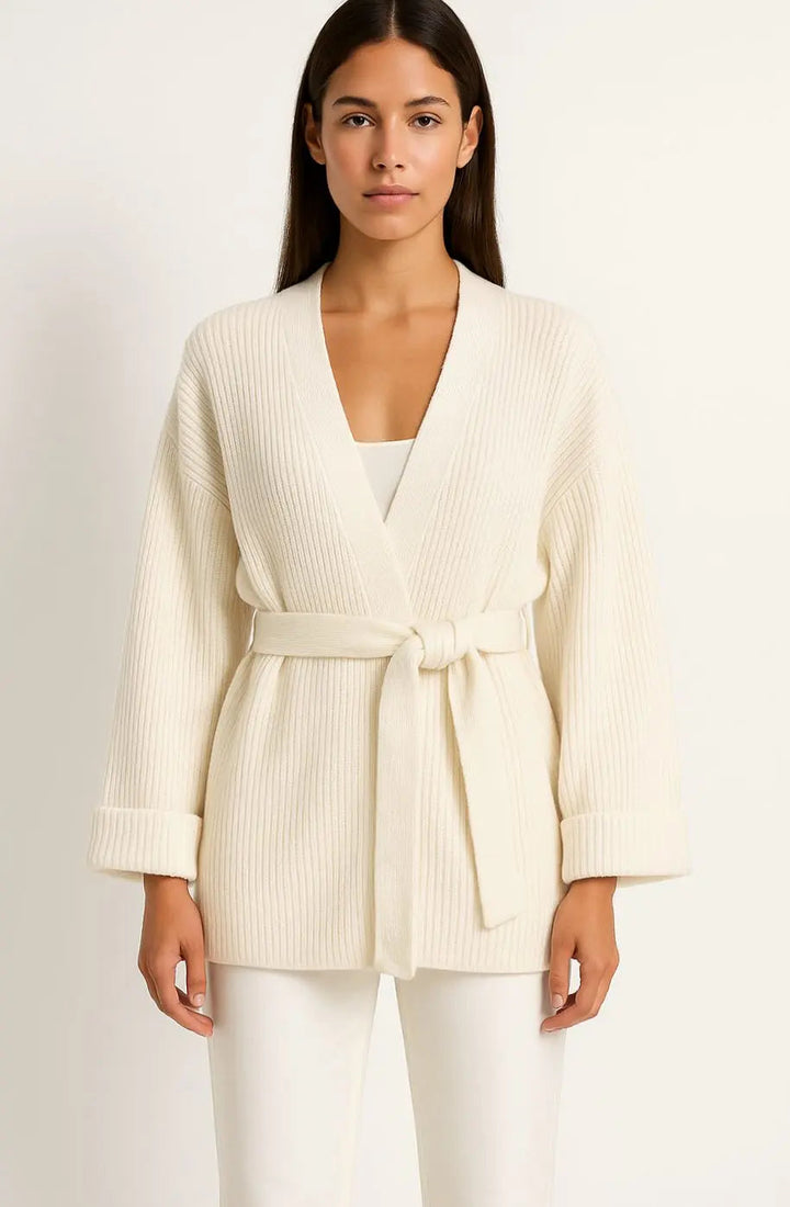 Women's Ribbed Knit Cardigan Belted Wrap V-Neck Jumper