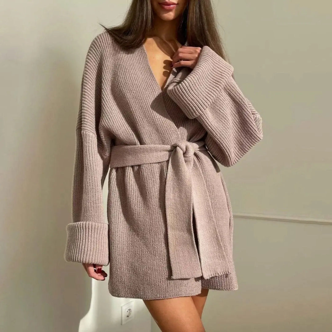 Women's Ribbed Knit Cardigan Belted Wrap V-Neck Jumper
