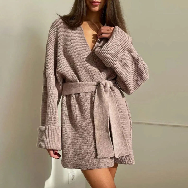 Women's Ribbed Knit Cardigan Belted Wrap V-Neck Jumper