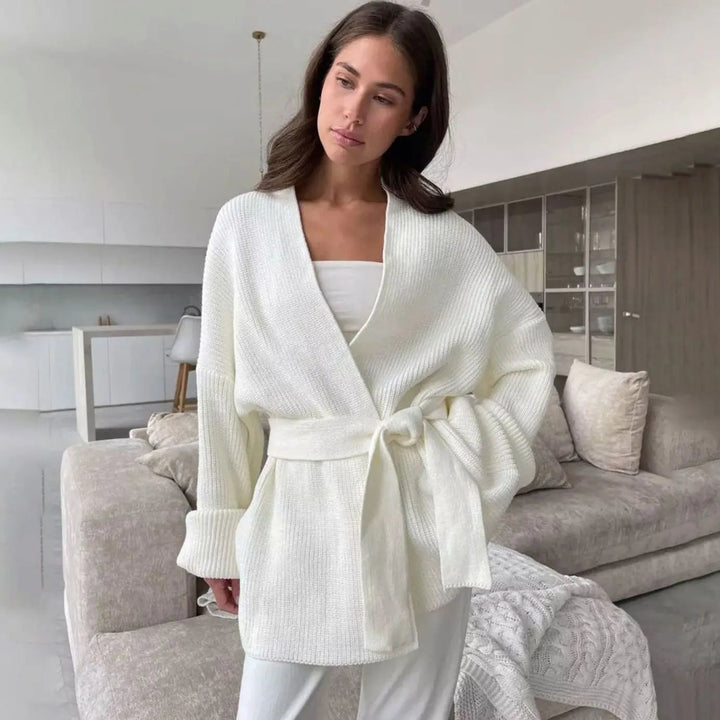 Women's Ribbed Knit Cardigan Belted Wrap V-Neck Jumper