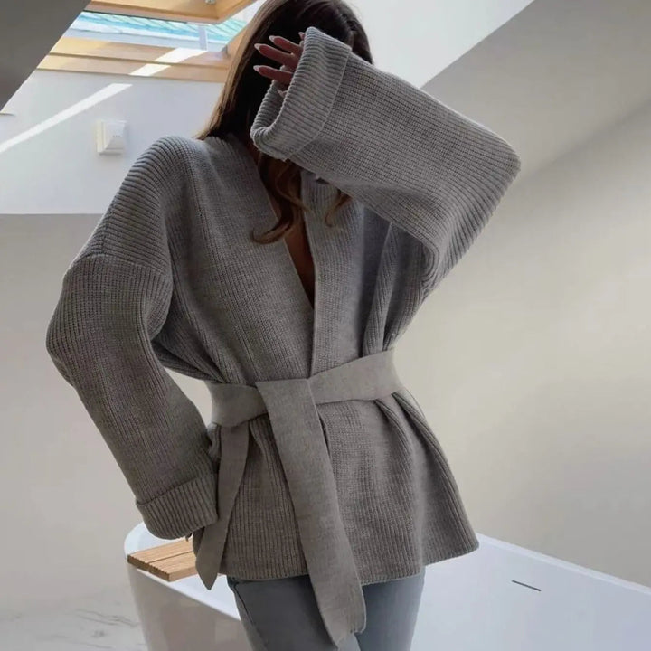 Women's Ribbed Knit Cardigan Belted Wrap V-Neck Jumper