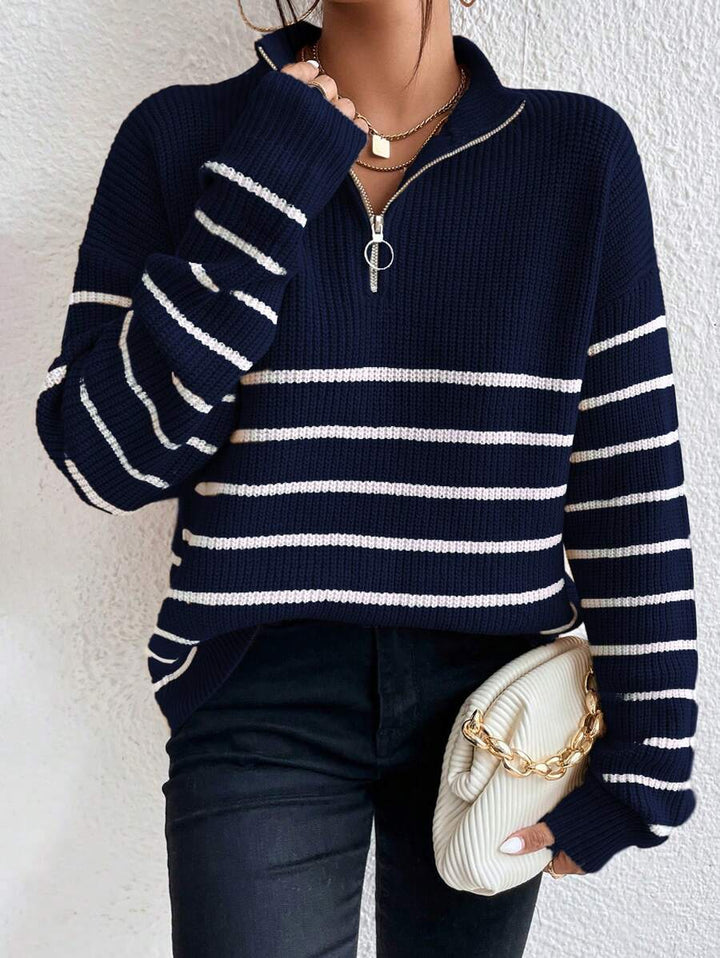 Women's Ribbed Stripe Half Zip Jumper with Ring Pull