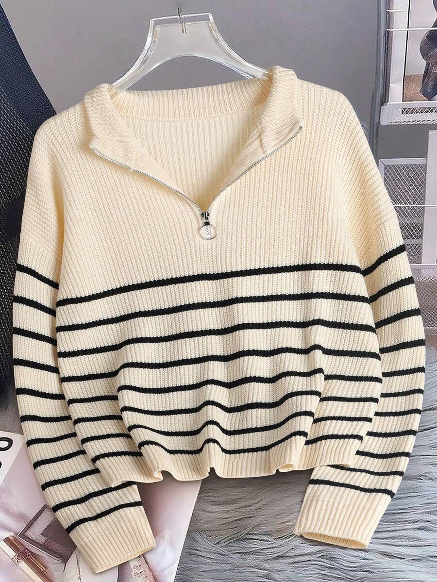 Women's Ribbed Stripe Half Zip Jumper with Ring Pull