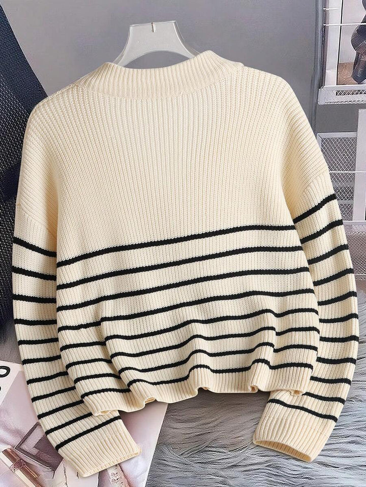 Women's Ribbed Stripe Half Zip Jumper with Ring Pull