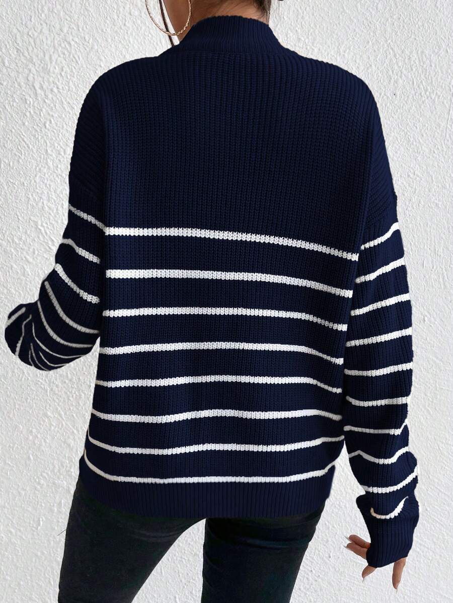 Women's Ribbed Stripe Half Zip Jumper with Ring Pull