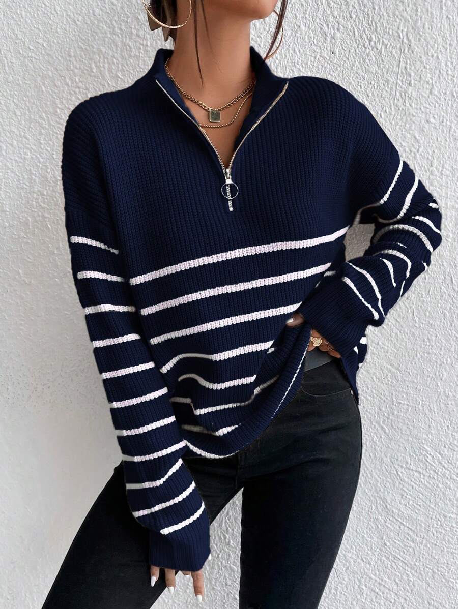 Women's Ribbed Stripe Half Zip Jumper with Ring Pull