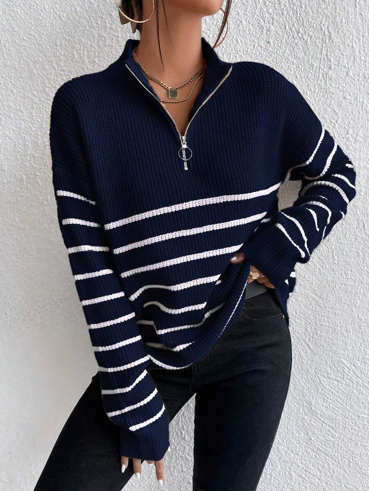 Women's Ribbed Stripe Half Zip Jumper with Ring Pull