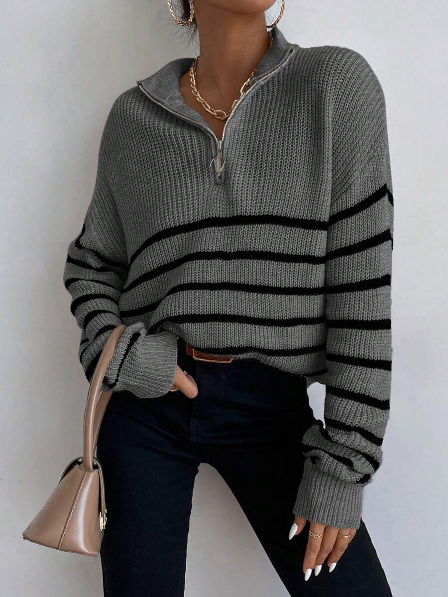 Women's Ribbed Stripe Half Zip Jumper with Ring Pull