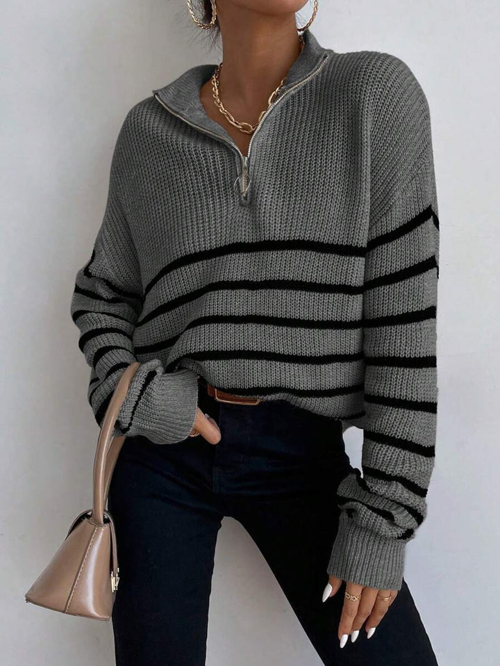 Women's Ribbed Stripe Half Zip Jumper with Ring Pull