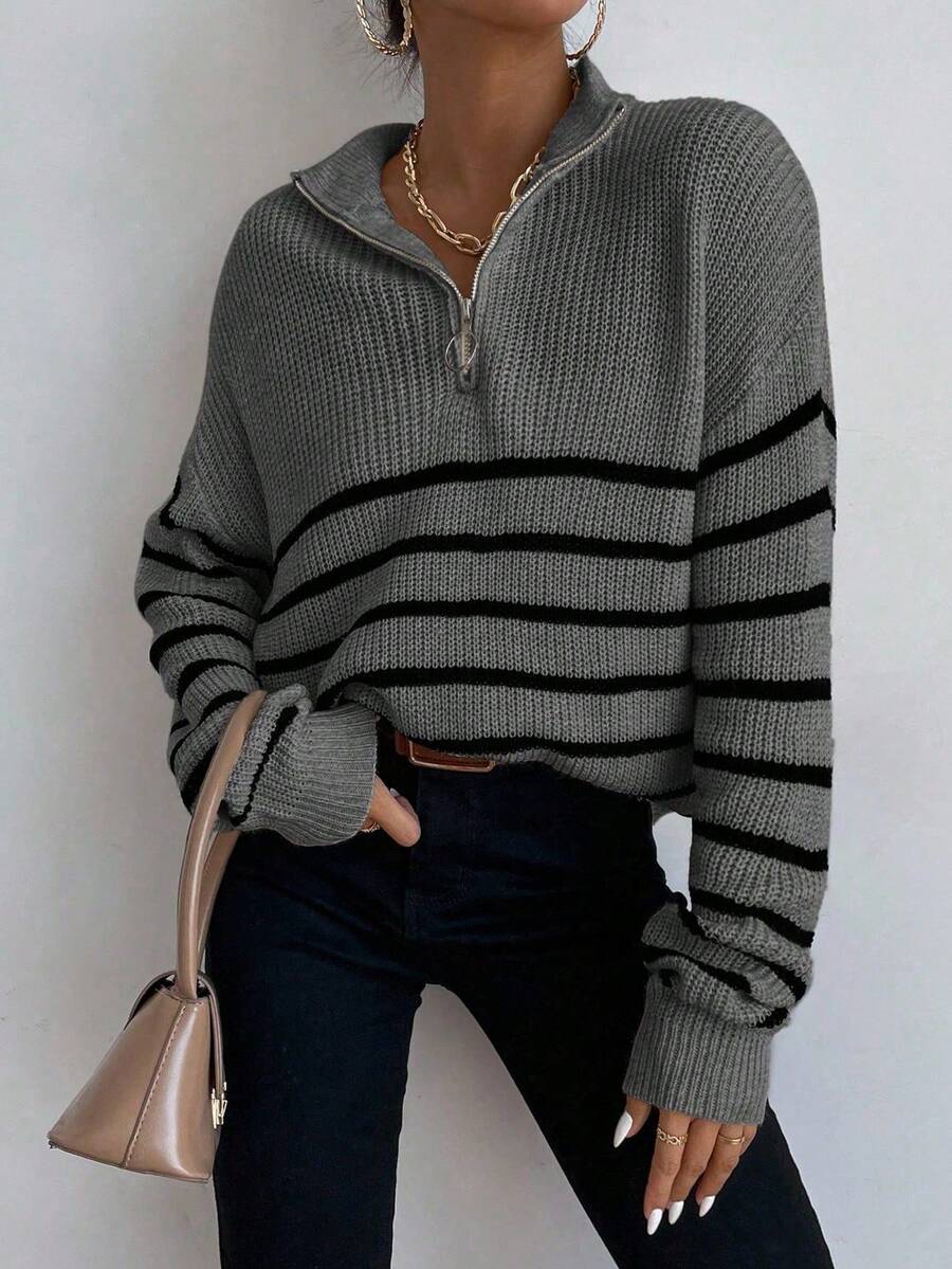 Women's Ribbed Stripe Half Zip Jumper with Ring Pull