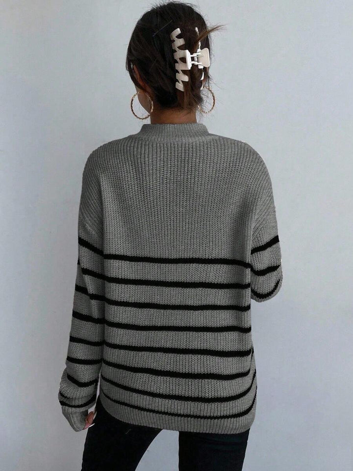 Women's Ribbed Stripe Half Zip Jumper with Ring Pull