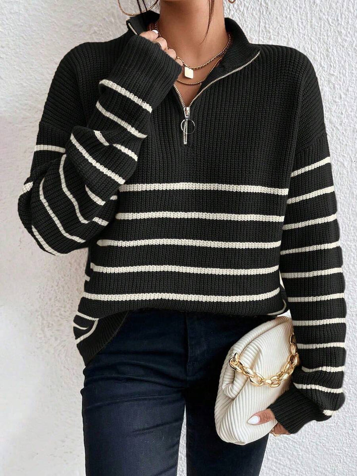 Women's Ribbed Stripe Half Zip Jumper with Ring Pull