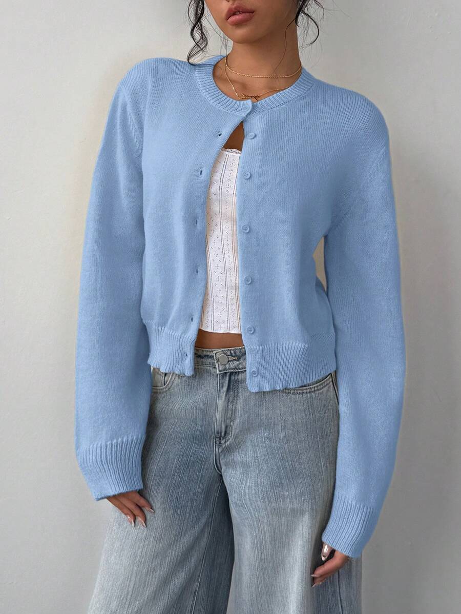 Women's Round Neck Cropped Button Front Cardigan