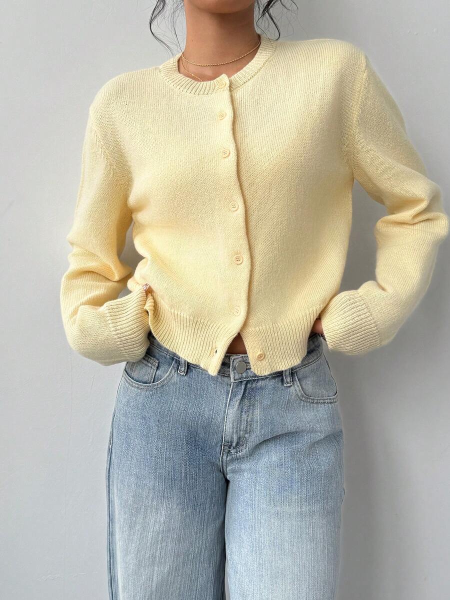 Women's Round Neck Cropped Button Front Cardigan