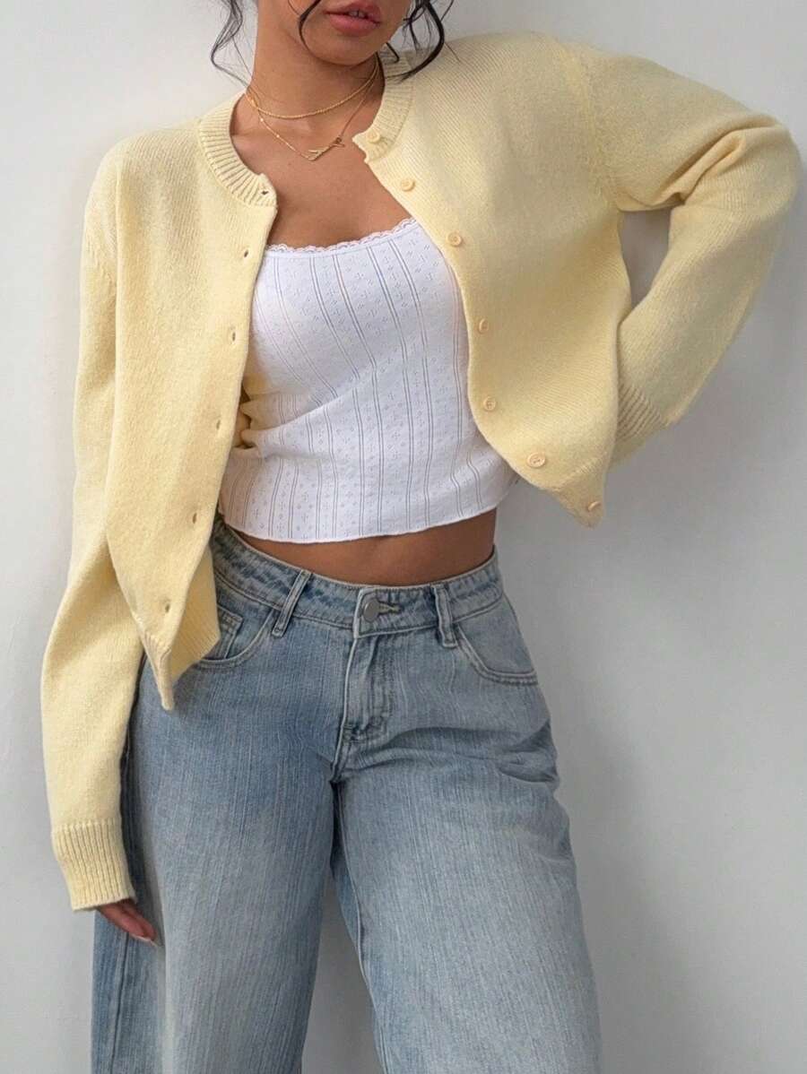 Women's Round Neck Cropped Button Front Cardigan
