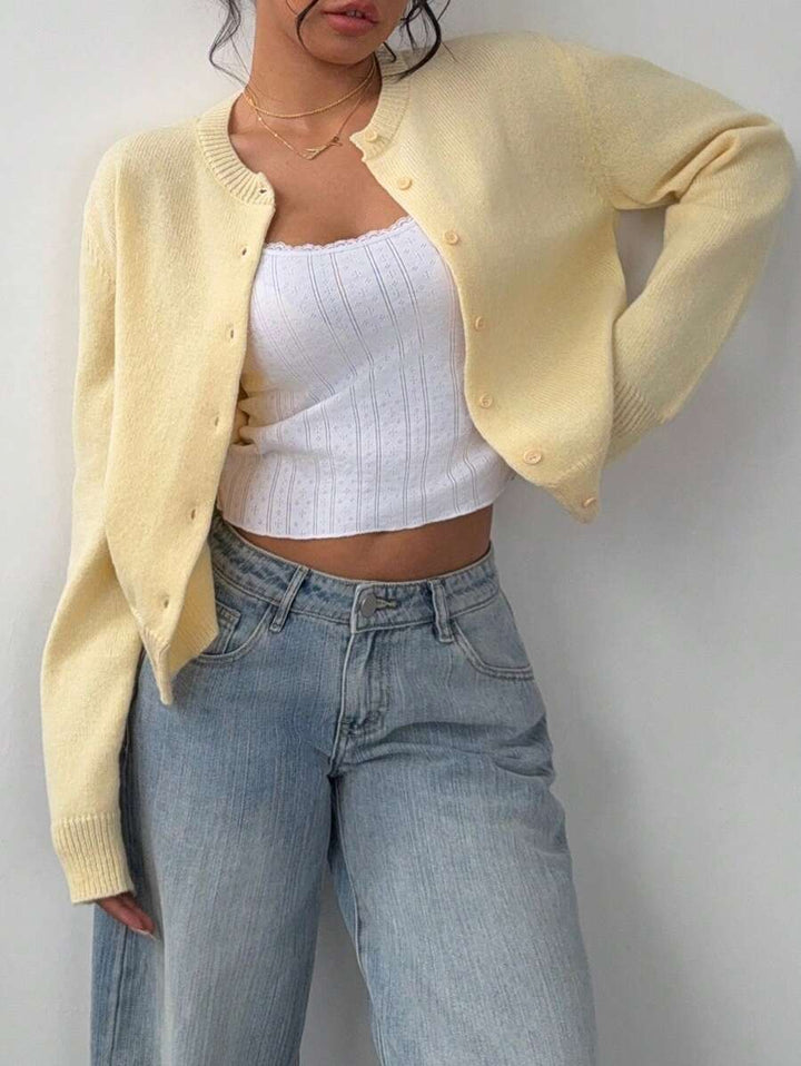 Women's Round Neck Cropped Button Front Cardigan