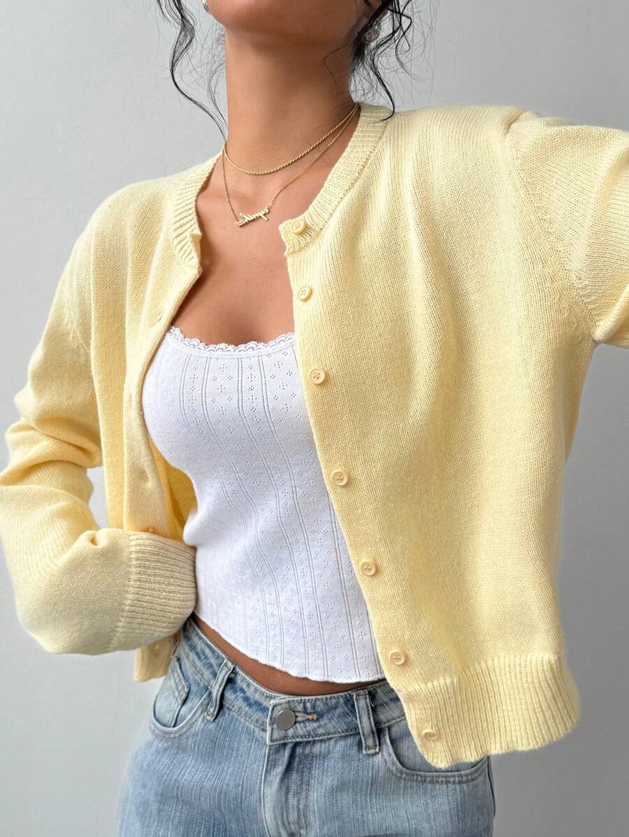 Women's Round Neck Cropped Button Front Cardigan