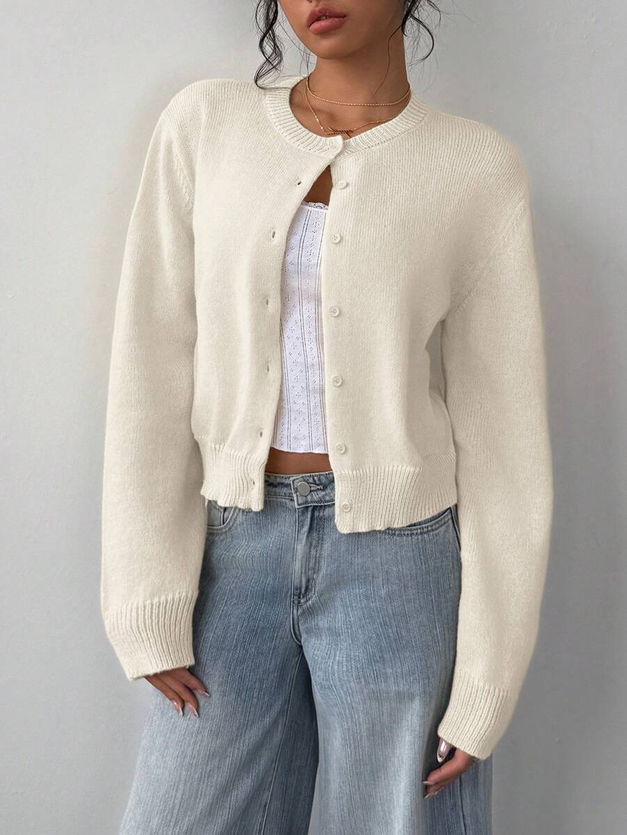Women's Round Neck Cropped Button Front Cardigan