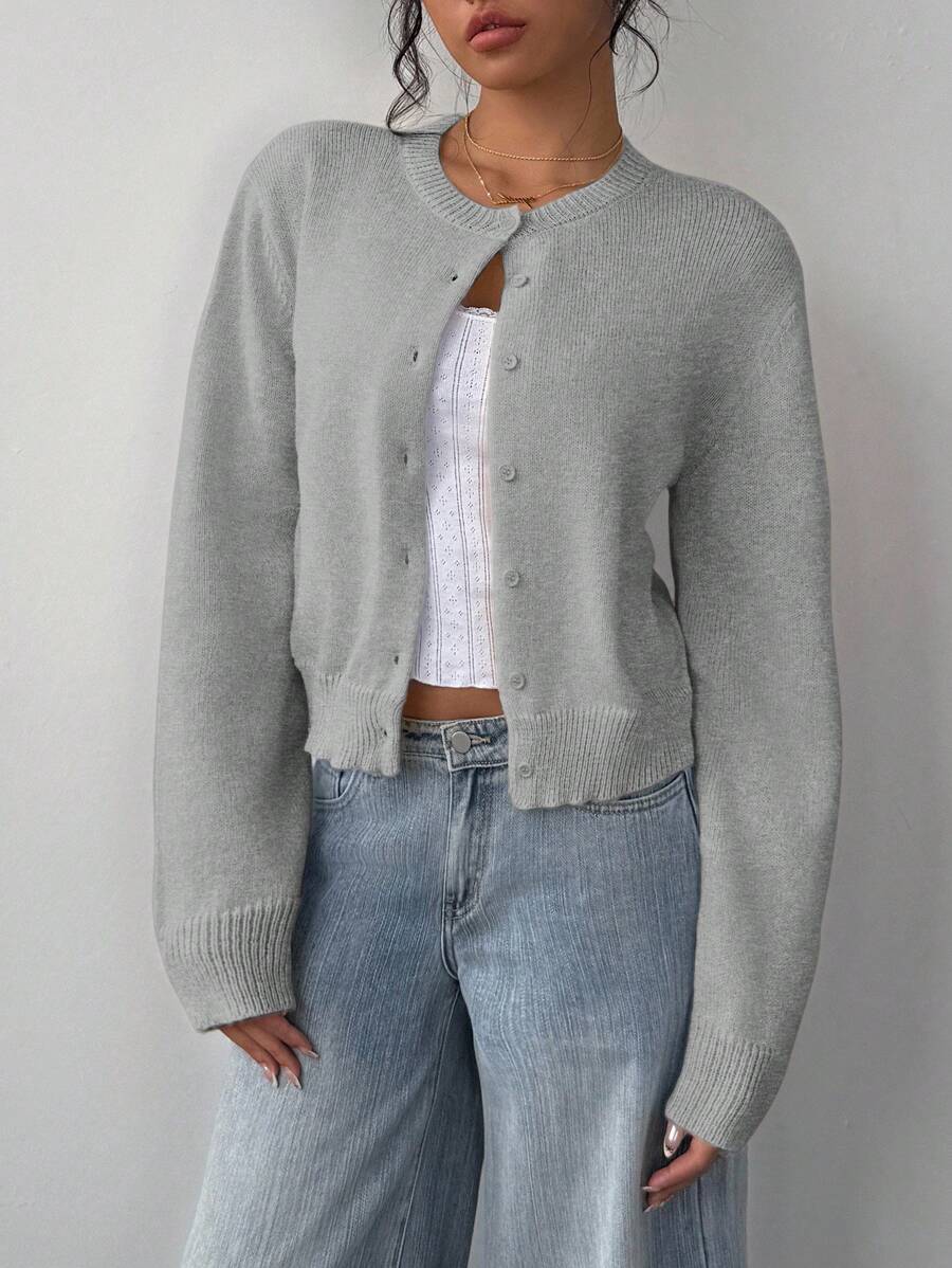 Women's Round Neck Cropped Button Front Cardigan