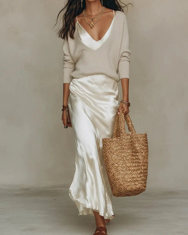 Women's Satin Midi Long Sleeve Dress Layered Knit Jumper Set
