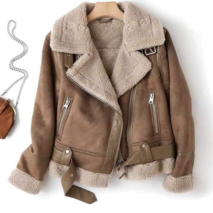 Women's Shearling-Lined Belted Suede Moto Jacket