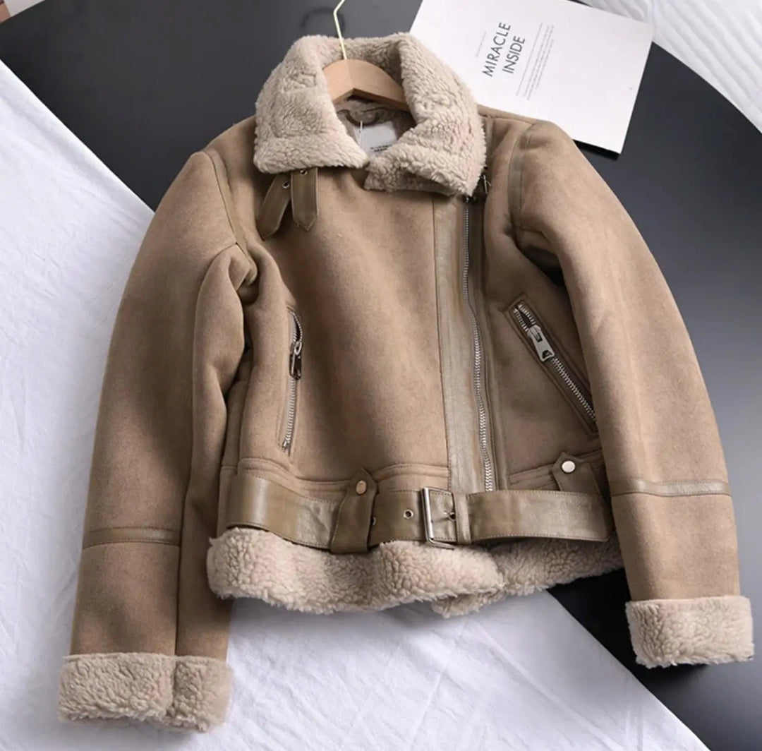 Women's Shearling-Lined Belted Suede Moto Jacket