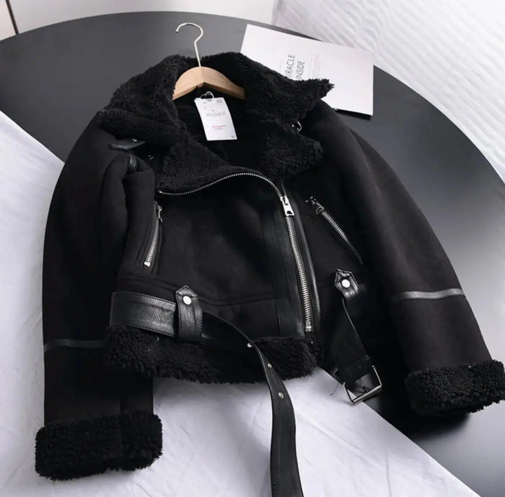 Women's Shearling-Lined Belted Suede Moto Jacket