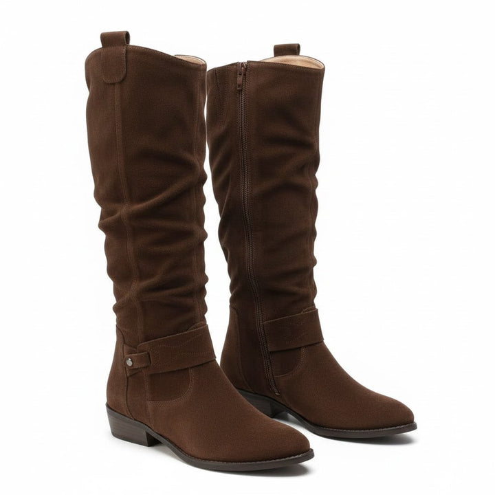Women's Slouch Knee High Boots with Ankle Strap and Low Heel