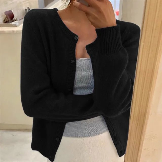 Cropped Button-Front Cardigan for Women in Black