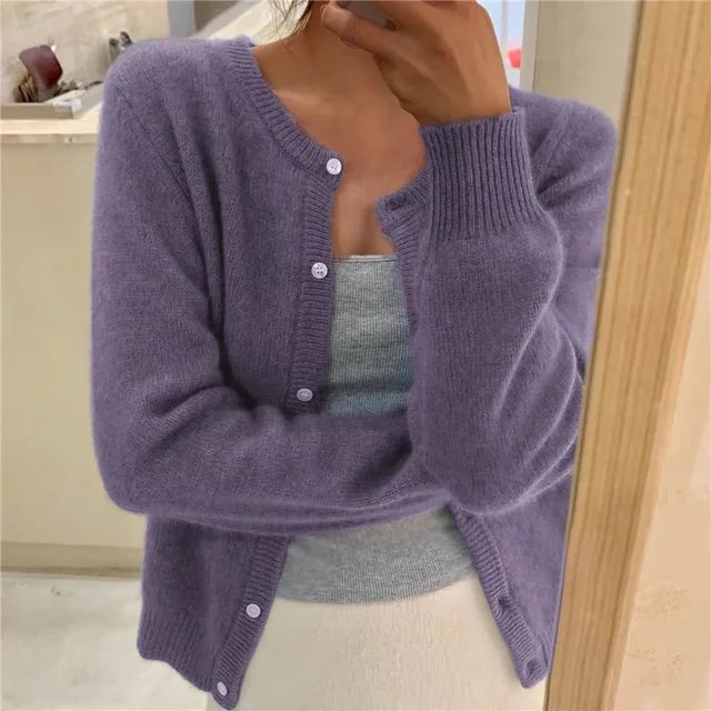 Cropped Button-Front Cardigan for Women in Purple