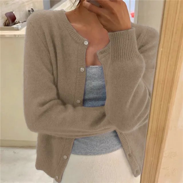 Cropped Button-Front Cardigan for Women in Khaki