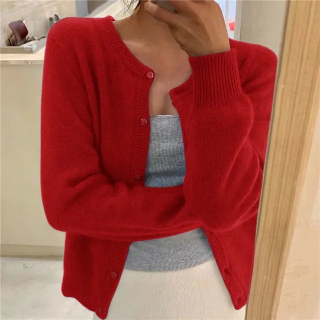 Cropped Button-Front Cardigan for Women in Red