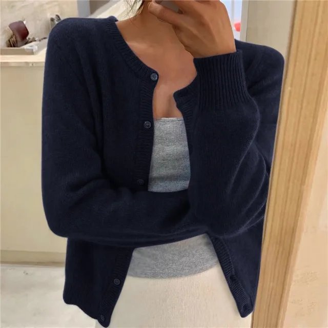 Cropped Button-Front Cardigan for Women in Navy Blue