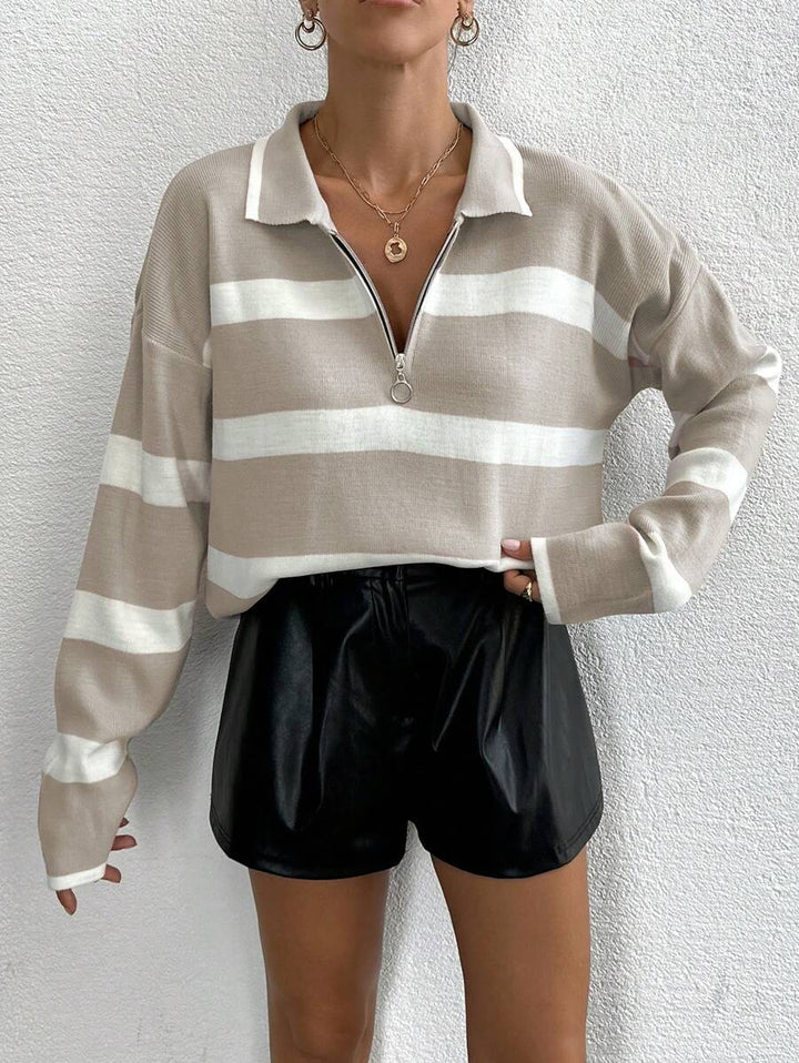 Women's Striped Half Zip Pointed Collar Jumper