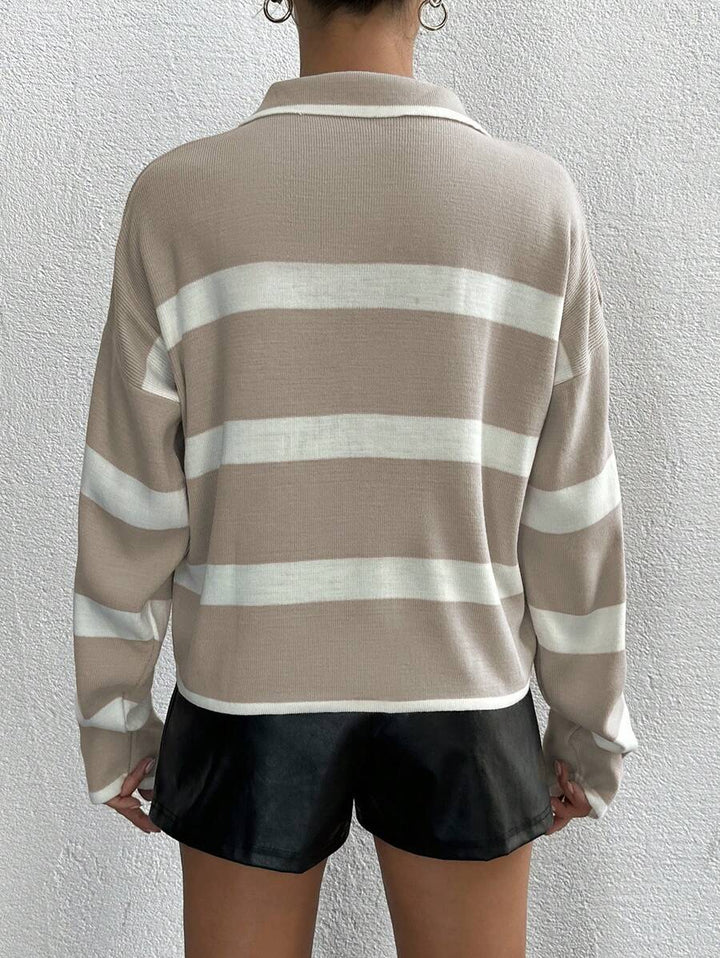 Women's Striped Half Zip Pointed Collar Jumper