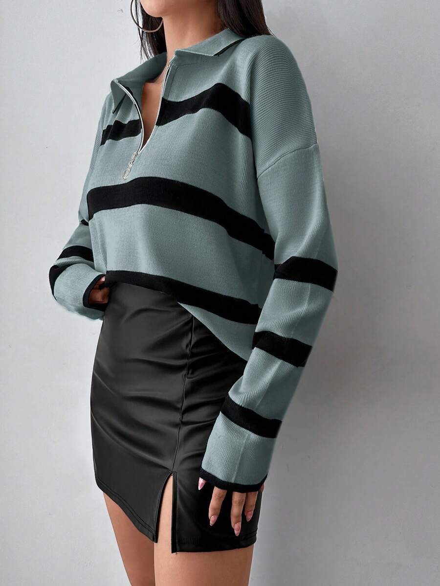 Women's Striped Half Zip Pointed Collar Jumper