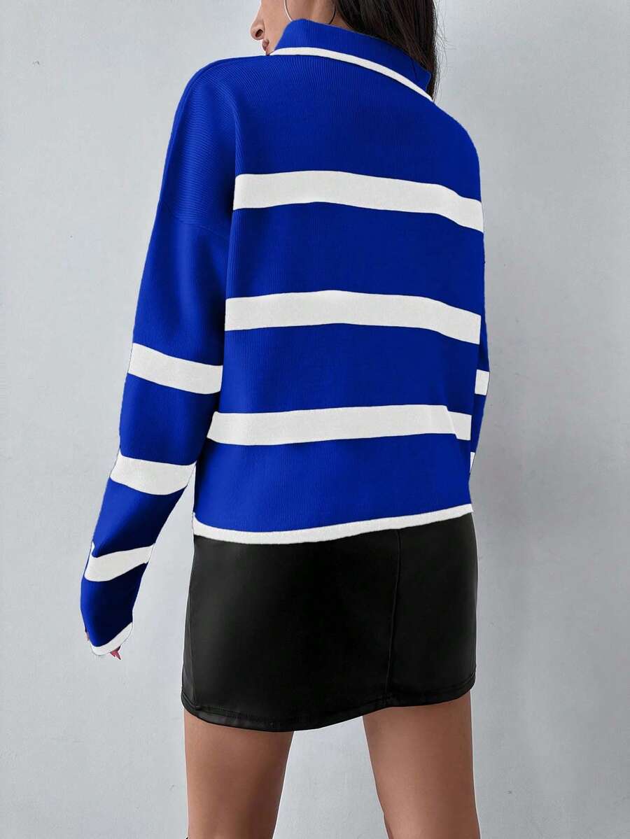 Women's Striped Half Zip Pointed Collar Jumper