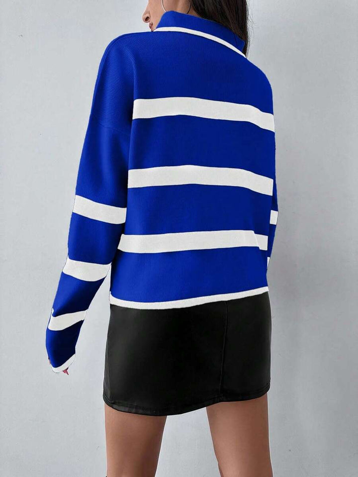 Women's Striped Half Zip Pointed Collar Jumper