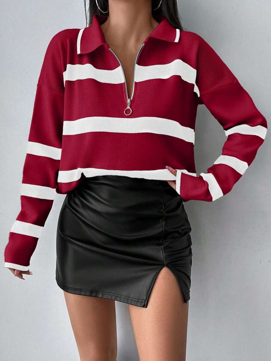 Women's Striped Half Zip Pointed Collar Jumper