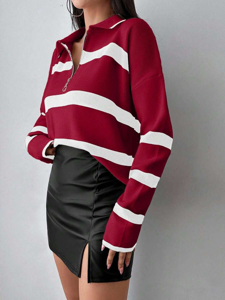 Women's Striped Half Zip Pointed Collar Jumper